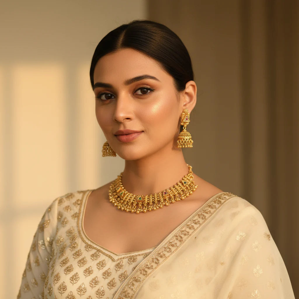 South Asian woman wearing antique gold kundan choker necklace set with jhumka earrings on ivory white outfit