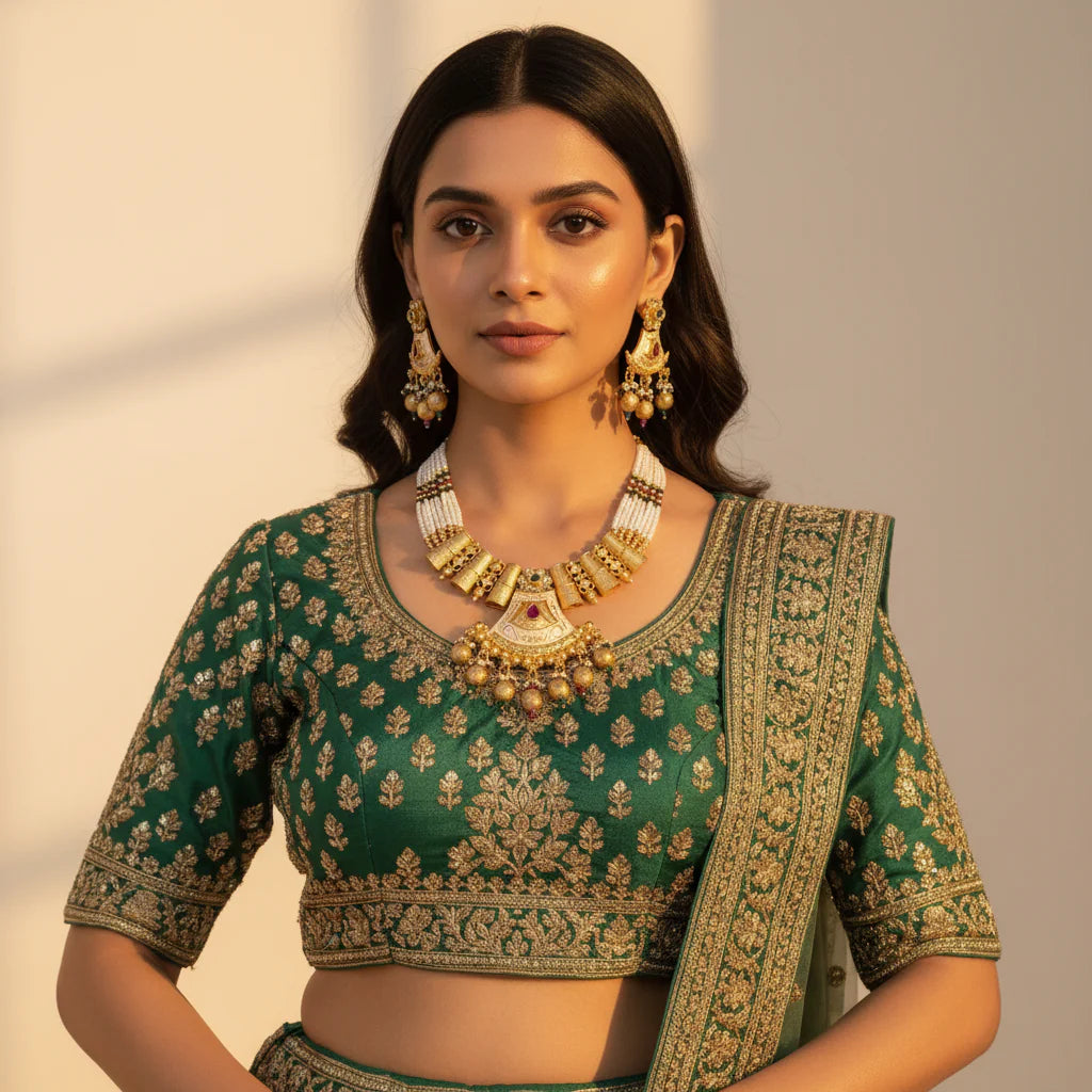 South Asian woman wearing antique gold meenakari pearl necklace set with earrings on green lehenga