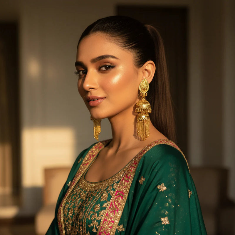 South Asian model wearing gold plated double jhumka chain tassel earrings in teal green embroidered bridal outfit