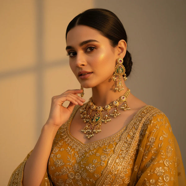 South Asian woman wearing antique gold meenakari kundan necklace set with earrings on mustard yellow lehenga
