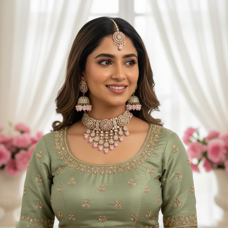 Gulabi Baby Pink Polki Jhumka Set