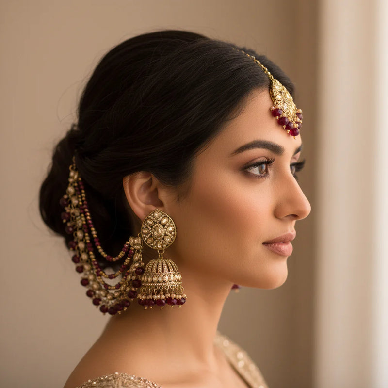 Layla Ruby Bahubali Jhumkas - Model wearing jewellery set
