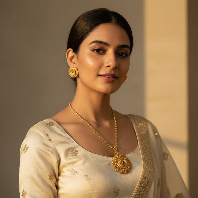 South Asian woman wearing gold plated sunflower pendant necklace set with round stud earrings on ivory outfit