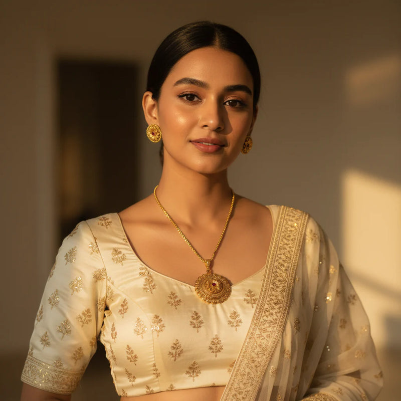 South Asian woman wearing gold plated lotus medallion pendant necklace set with stud earrings on ivory outfit