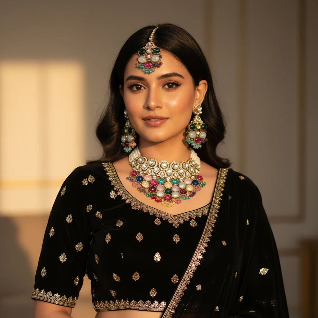 South Asian woman wearing multicolour polki kundan wedding choker set with chandbali earrings and tikka on black lehenga