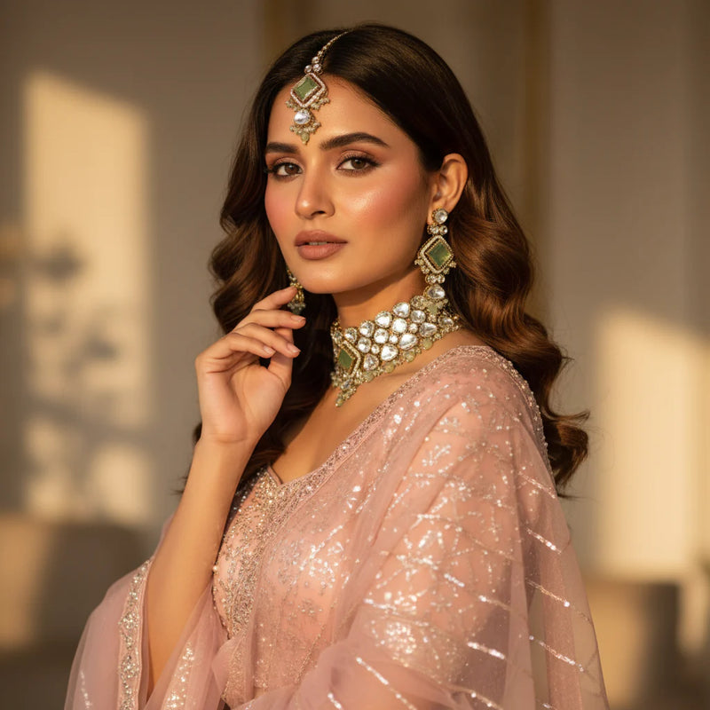 South Asian woman wearing ruby red polki kundan wedding choker set with earrings and tikka on green lehenga