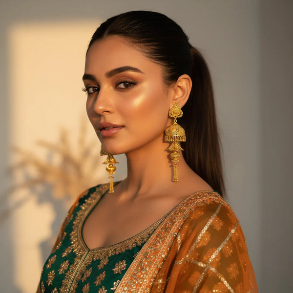Model wearing gold plated multi tier filigree jhumka earrings with tassel on green and mustard festive outfit