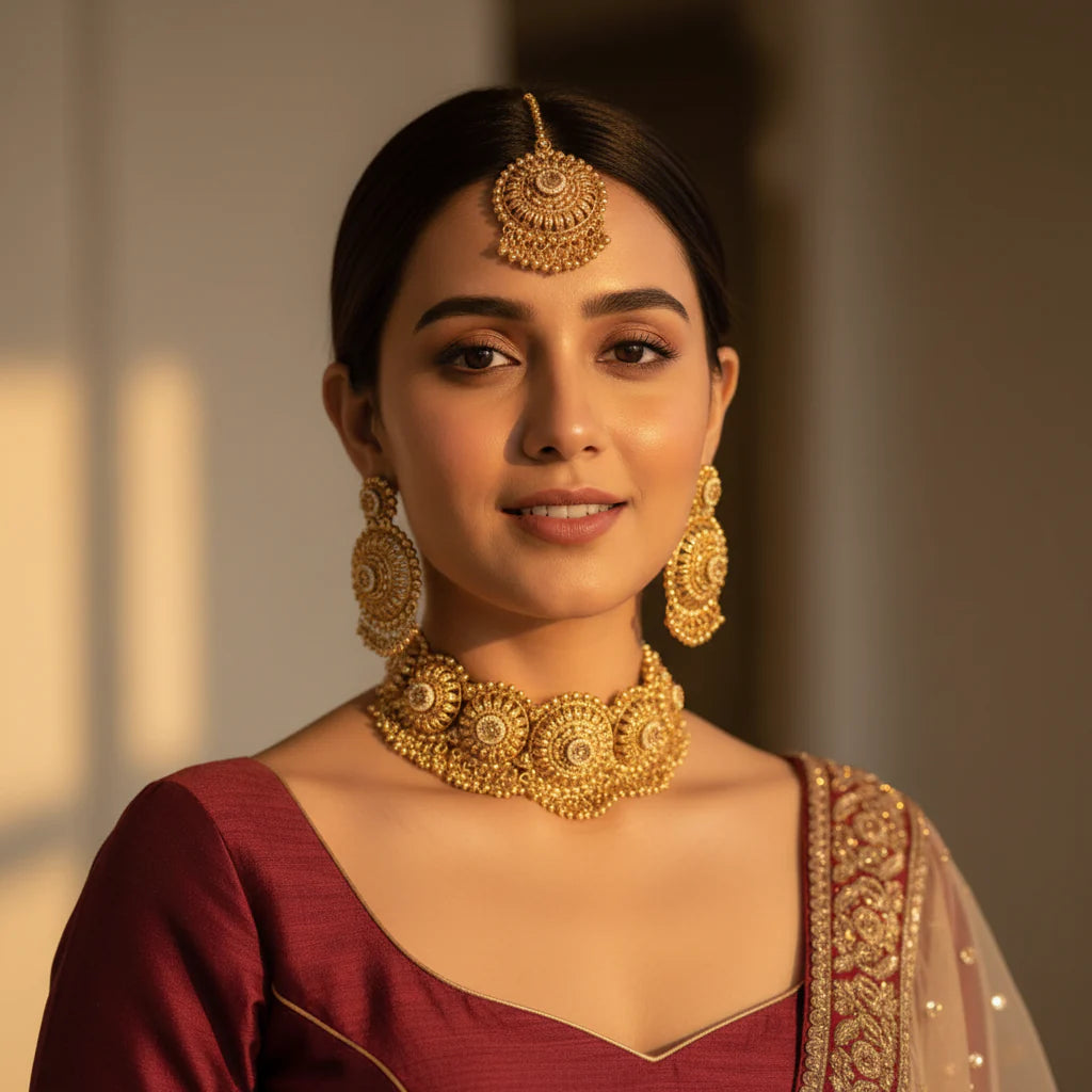 South Asian bride wearing antique gold temple medallion choker set with earrings and tikka maroon lehenga Jewellery by Aman