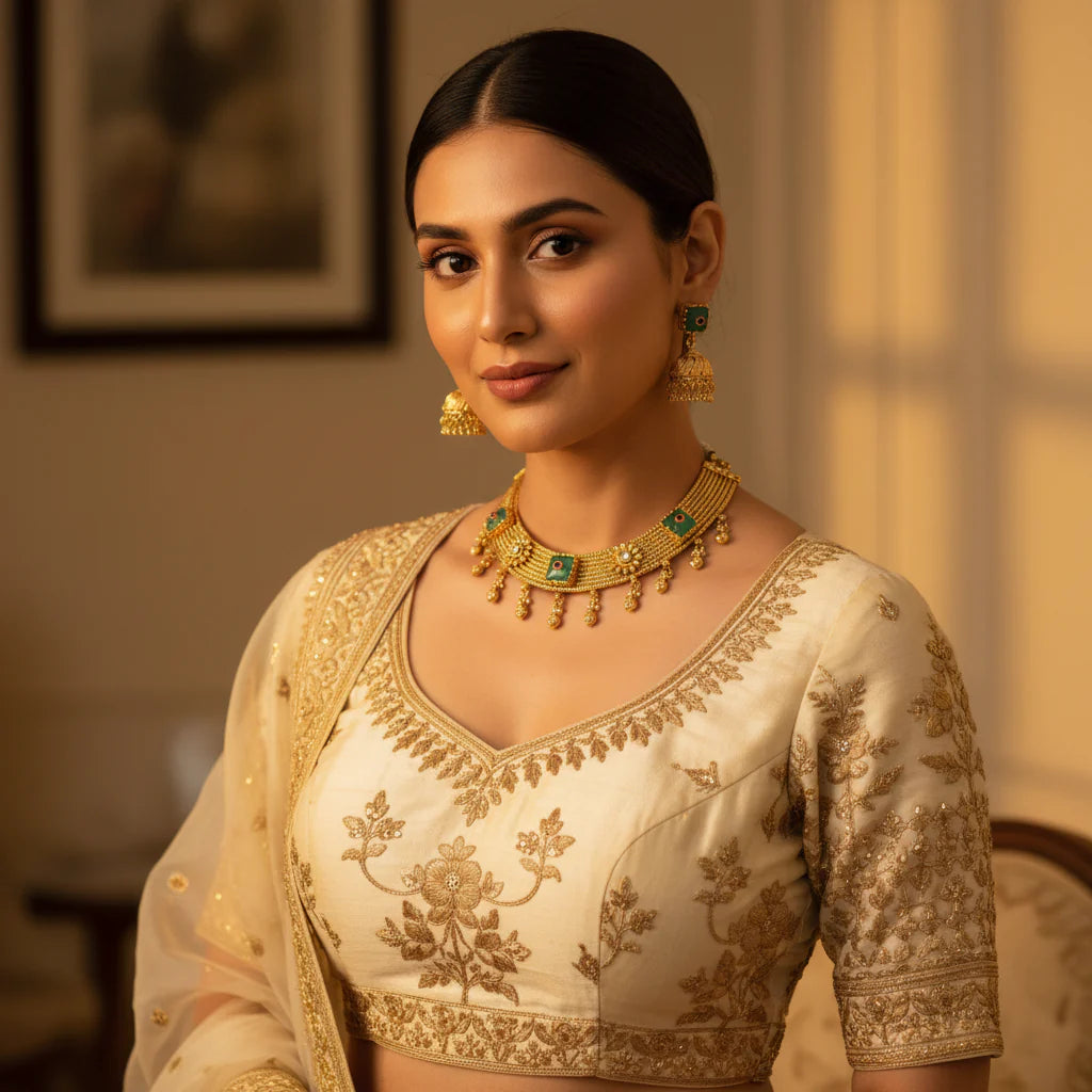 South Asian woman wearing gold plated mint green kundan choker set with jhumka earrings