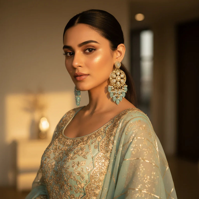 South Asian model wearing baby blue mint polki chandbali earrings with bead drops in sage gold embroidered outfit