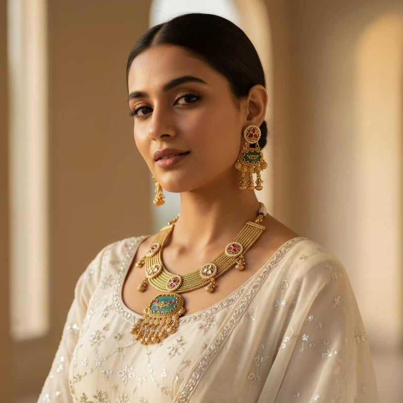 South Asian woman wearing antique gold green meenakari choker necklace set with earrings on ivory white outfit