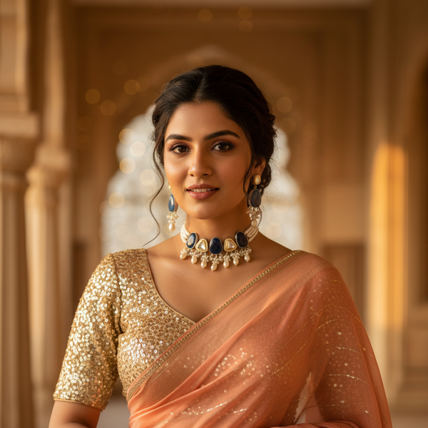 Aasmani Navy Polki Pearl Choker Set