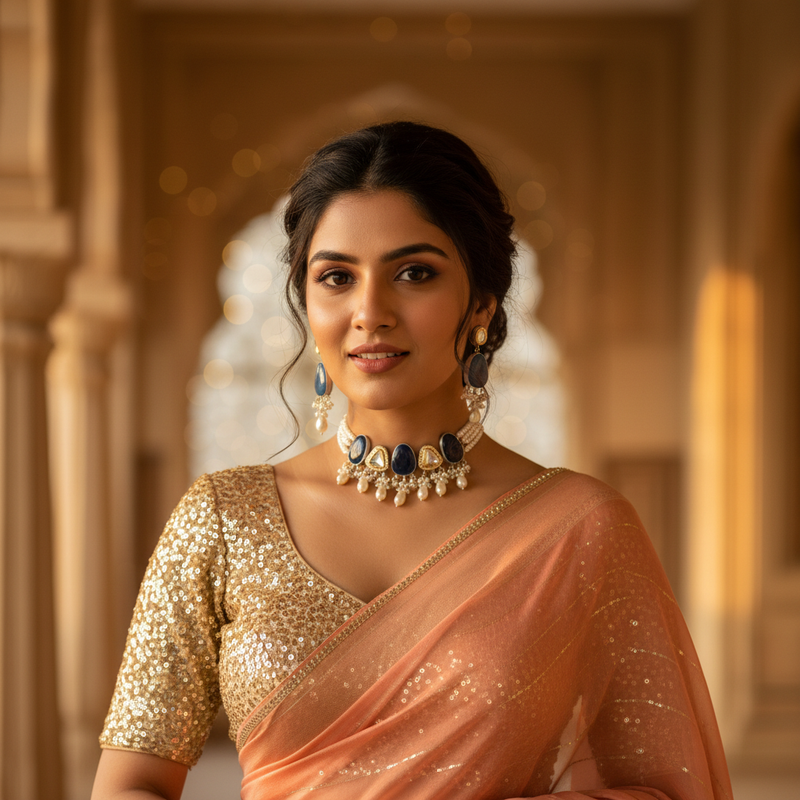 Aasmani Navy Polki Pearl Choker Set