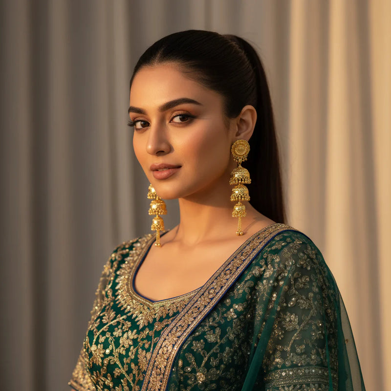 Model wearing gold plated triple tier cascading jhumka earrings with teal embroidered festive outfit high ponytail