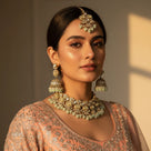 Model wearing mint green kundan jhumka choker set with earrings and tikka on peach lehenga bridal