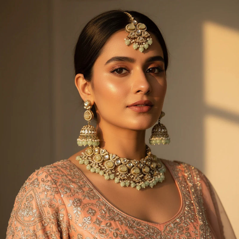 Model wearing mint green kundan jhumka choker set with earrings and tikka on peach lehenga wedding