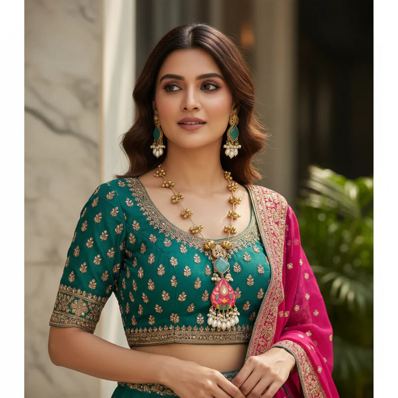 Kashmiri Meenakari Pink Pendant Necklace Set worn by model - Jewellery by Aman