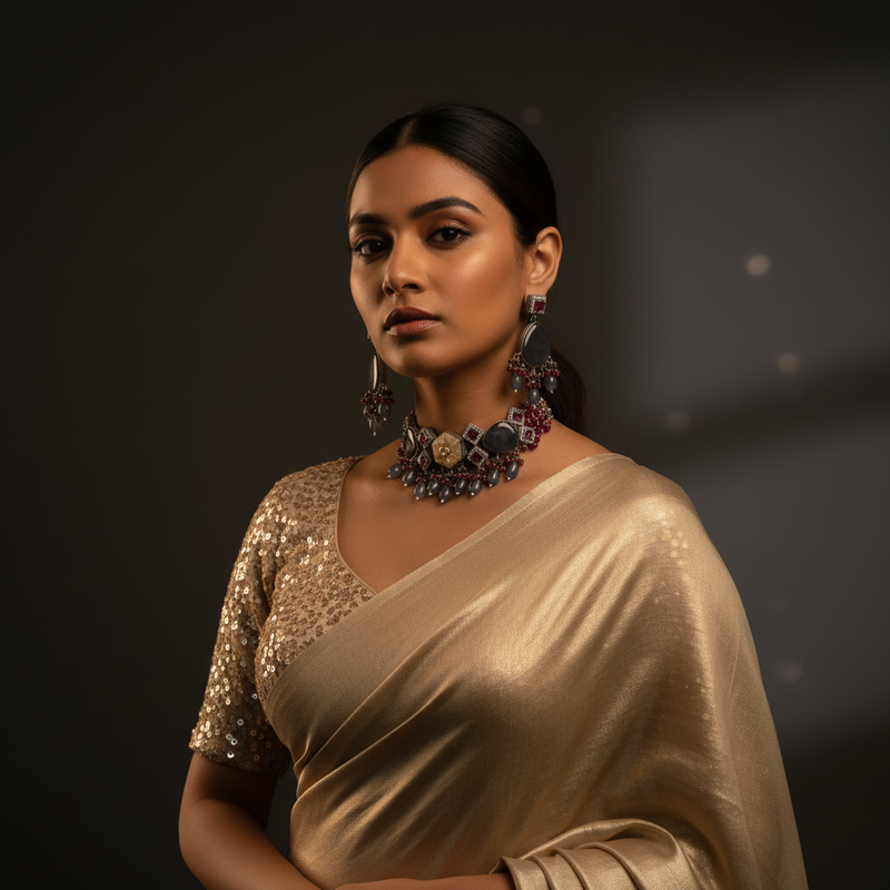 Dhuaan Smoky Grey Ruby Kundan Choker Set