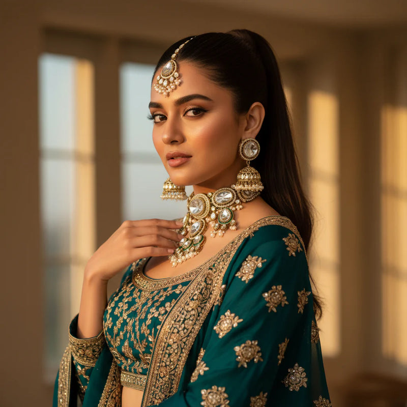 South Asian woman wearing polki kundan wedding choker set with jhumka earrings and tikka on teal green lehenga