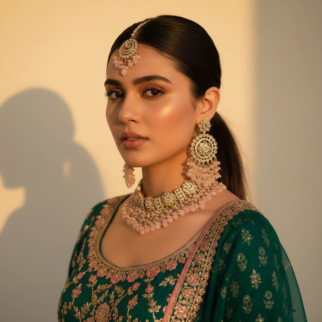 South Asian model wearing blush pink polki wedding set with choker necklace chandbali earrings tikka and passa in green embroidered outfit