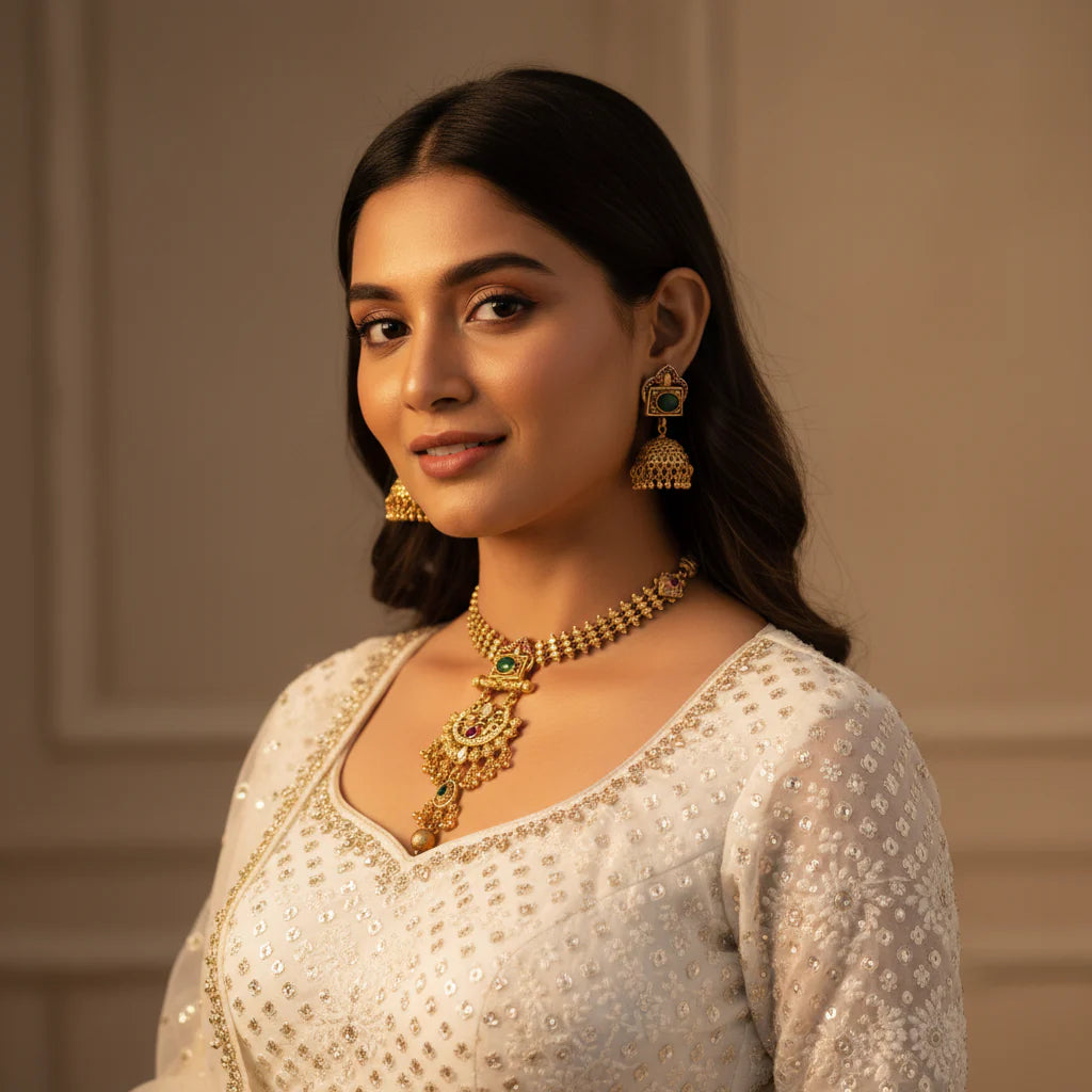 South Asian woman wearing antique gold plated pendant necklace set with jhumka earrings on white outfit - green variant