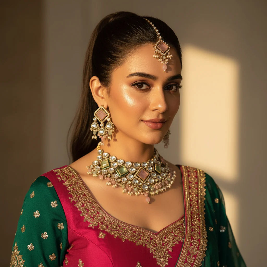 South Asian model wearing pink mint kundan polki choker set with earrings and tikka in pink green wedding lehenga
