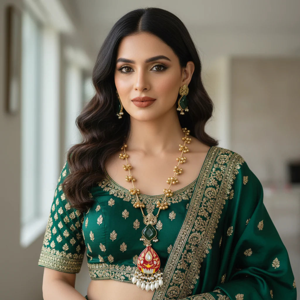 Kashmiri Red Meenakari Necklace Set worn by model with green lehenga