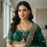 Kashmiri Red Meenakari Necklace Set worn by model with green lehenga