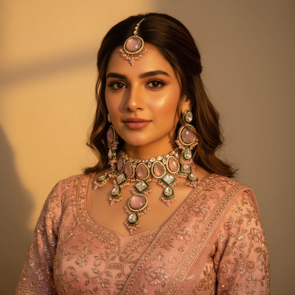 South Asian woman wearing blush pink kundan wedding choker set with earrings and tikka on pink lehenga