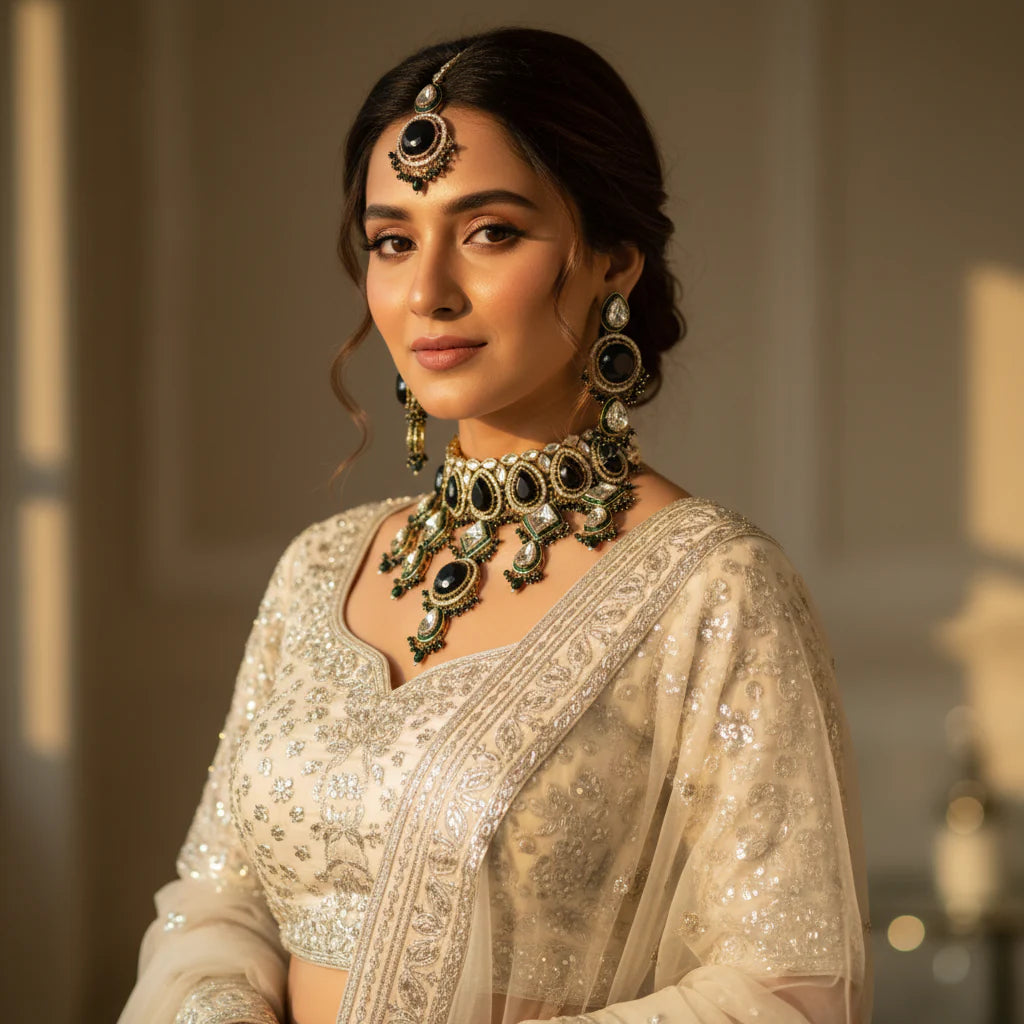 South Asian woman wearing black kundan wedding choker set with earrings and tikka on ivory white lehenga