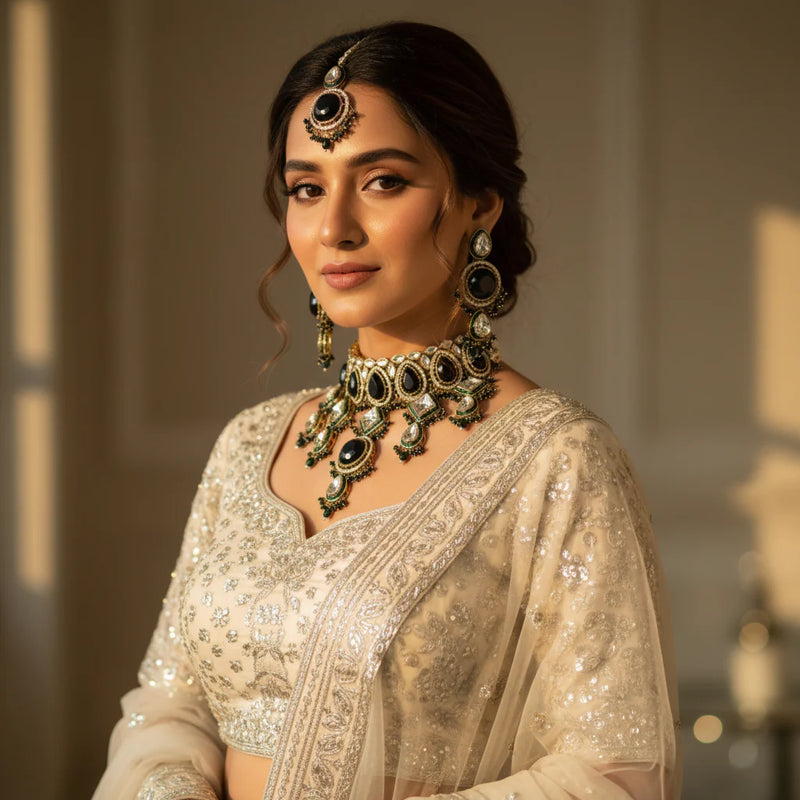 South Asian woman wearing black kundan wedding choker set with earrings and tikka on ivory white lehenga