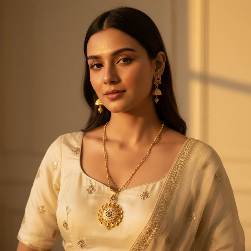 South Asian woman wearing gold plated meenakari pendant necklace set with jhumka earrings on ivory outfit