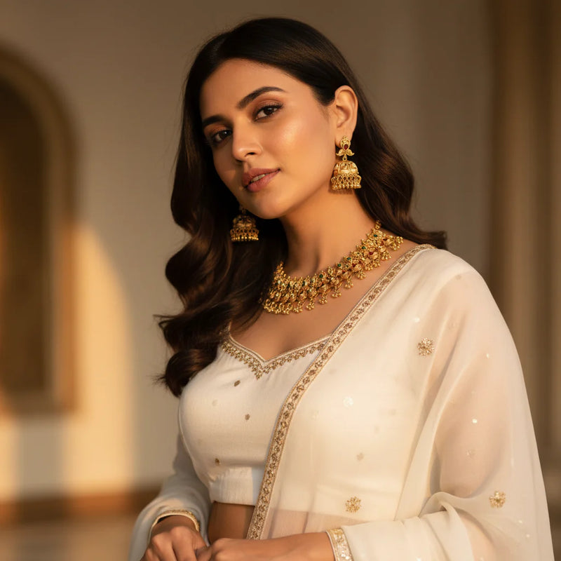 South Asian woman wearing antique gold temple peacock choker necklace set with jhumka earrings on white lehenga