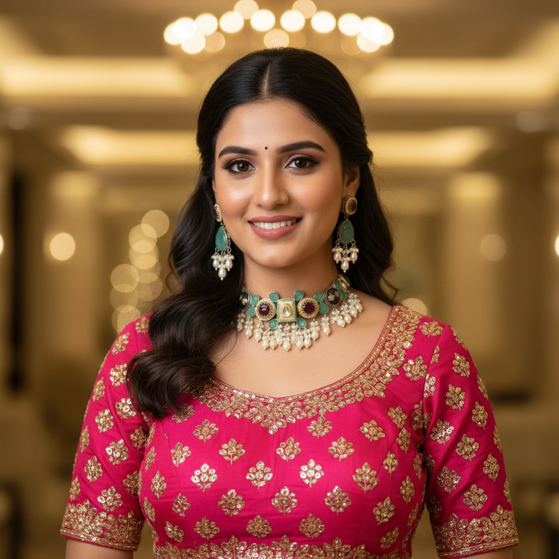 Zamurd Emerald Kundan Pearl Choker Set