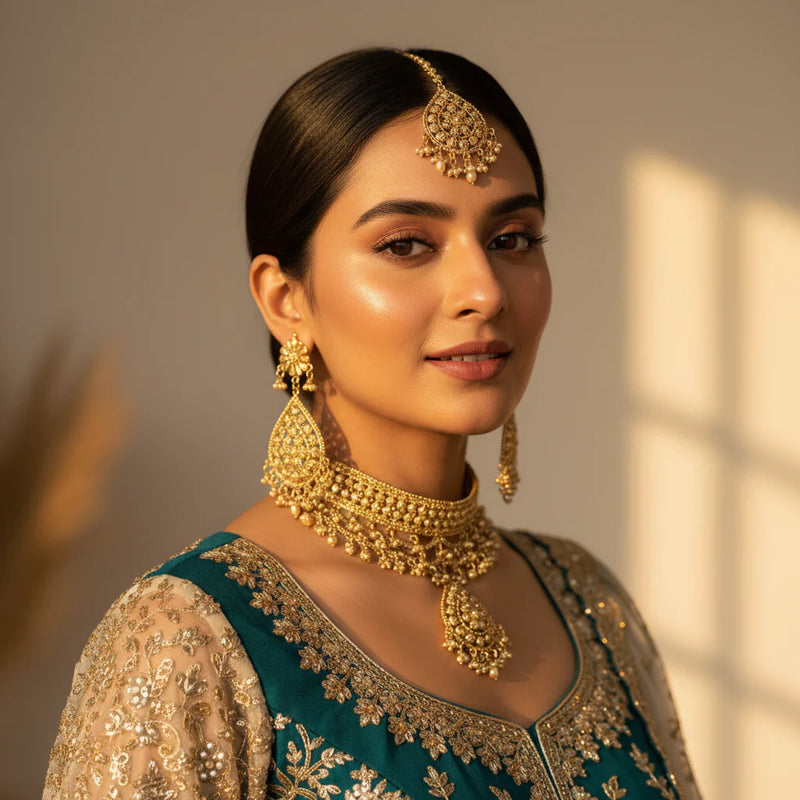 South Asian model wearing gold plated floral rosette choker set with teardrop pendant earrings and tikka in teal wedding outfit