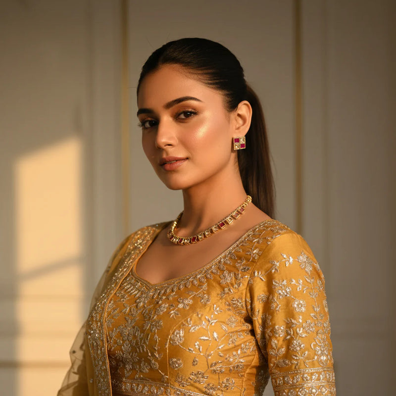 Model wearing gold plated classic polki square tennis choker necklace and stud earrings on navy lehenga