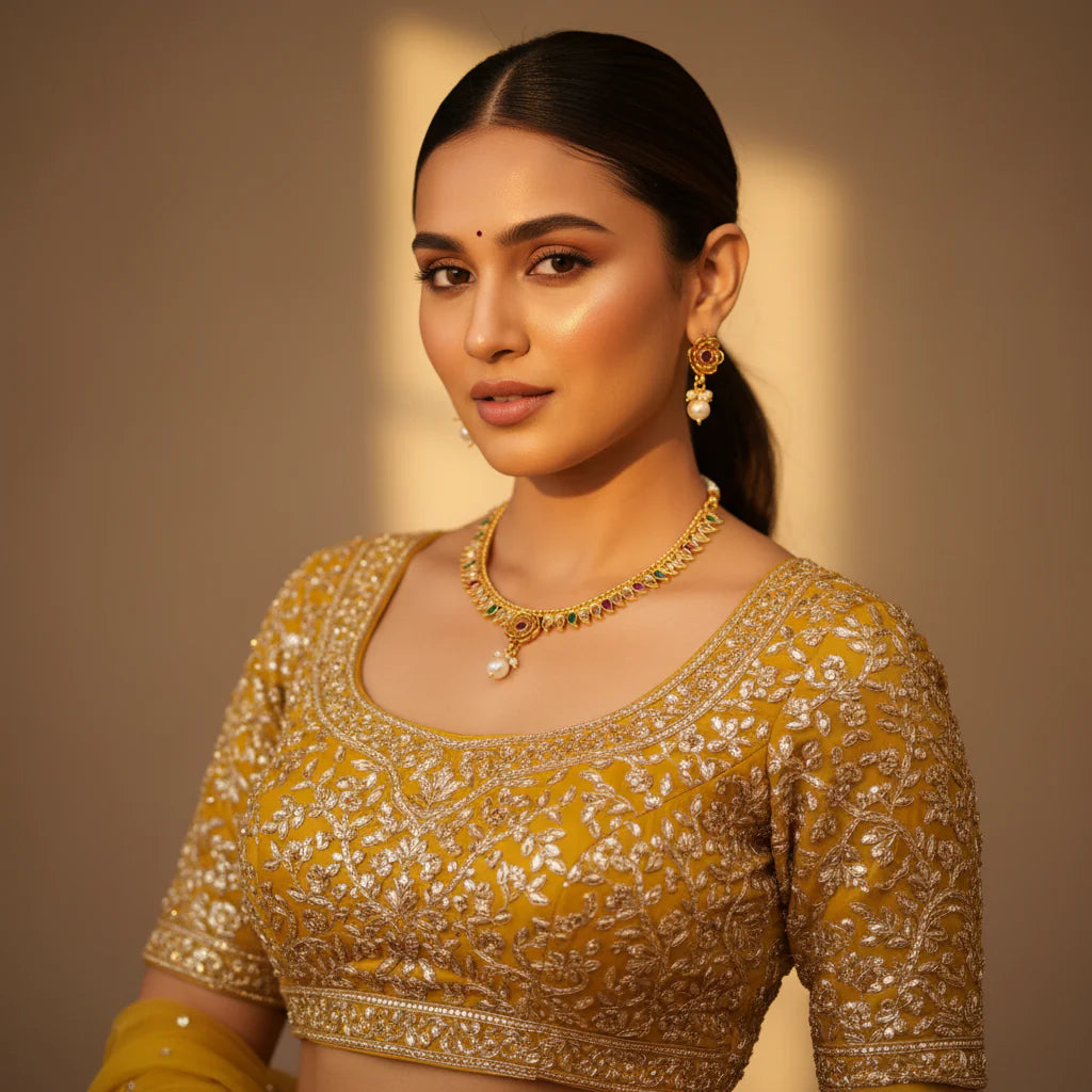 Model wearing gold plated multi colour leaf fringe choker necklace with flower pendant pearl drop and matching earrings on mustard lehenga