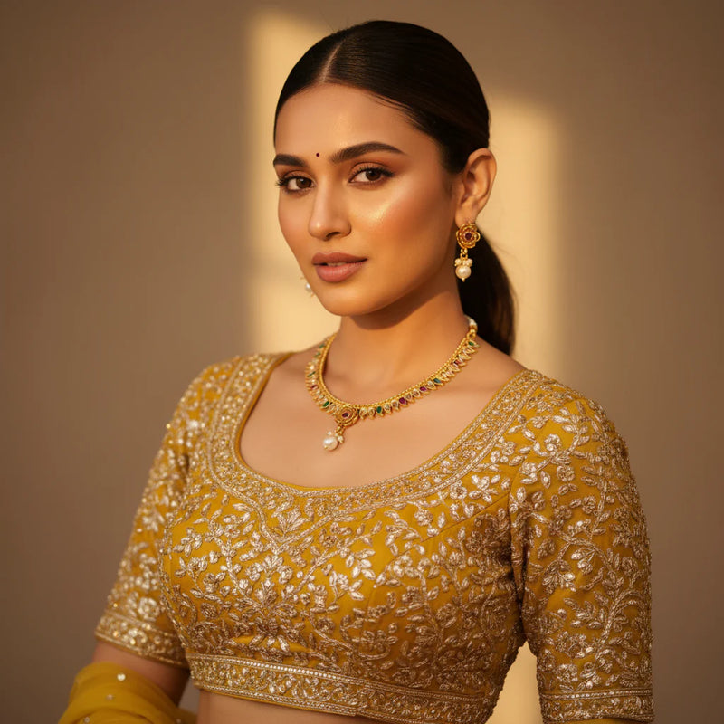 Model wearing gold plated multi colour leaf fringe choker necklace with flower pendant pearl drop and matching earrings on mustard lehenga