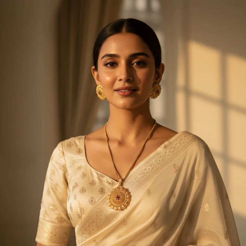 South Asian woman in cream saree wearing gold plated oval medallion pendant necklace and granulation stud earrings with ruby centre stones
