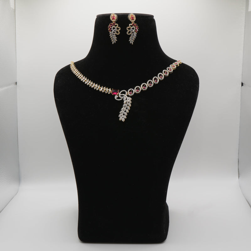 Ruby Red Jewelry set including a necklace and earrings on a black mannequin bust against a white background.