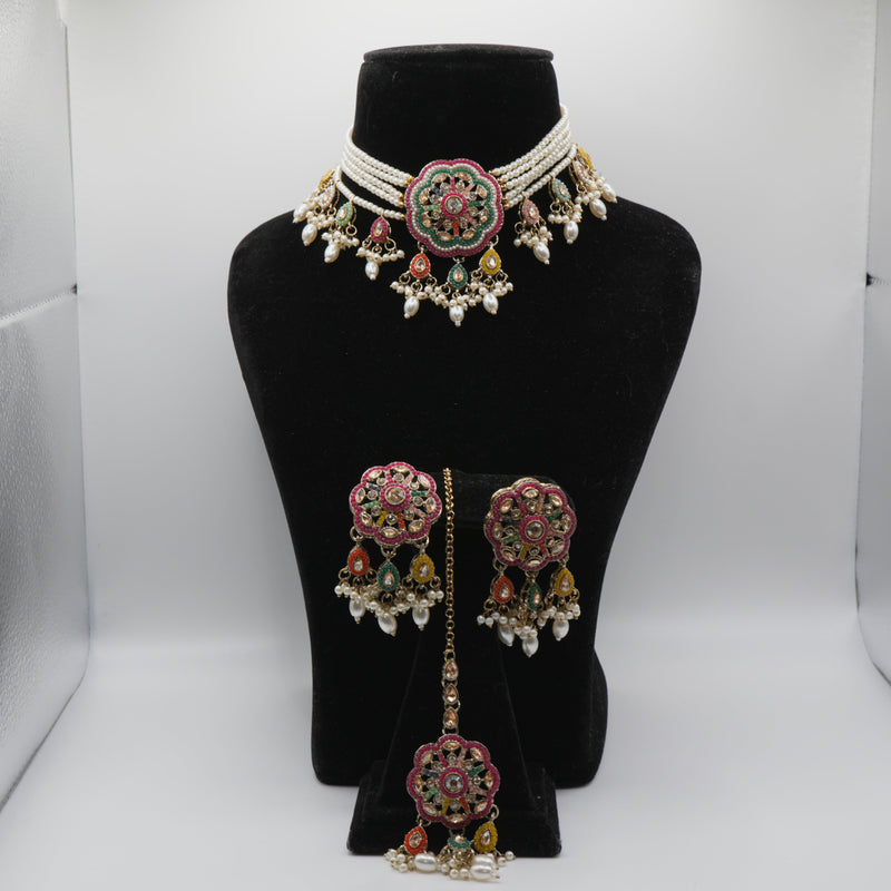 Polki Meenakari Pearl Choker Set -- Phulkari Multicolour Medallion