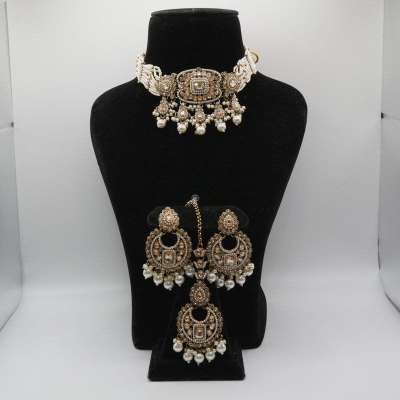 Polki Chandbali Pearl Choker Set -- Sunehra Champagne
