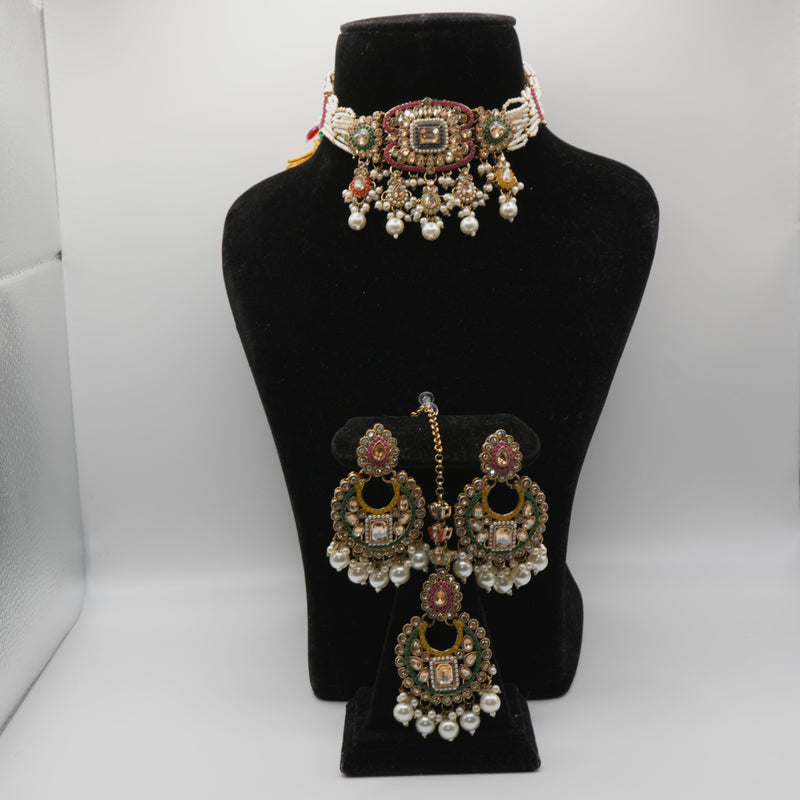 Polki Chandbali Pearl Choker Set -- Patola Multicolour Meenakari