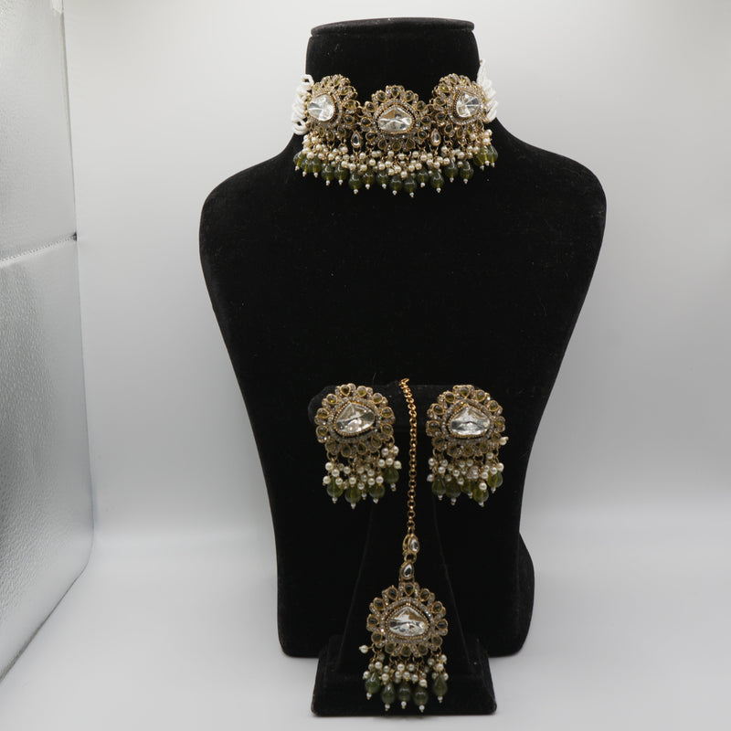 Polki Choker Set -- Sabz Olive Green