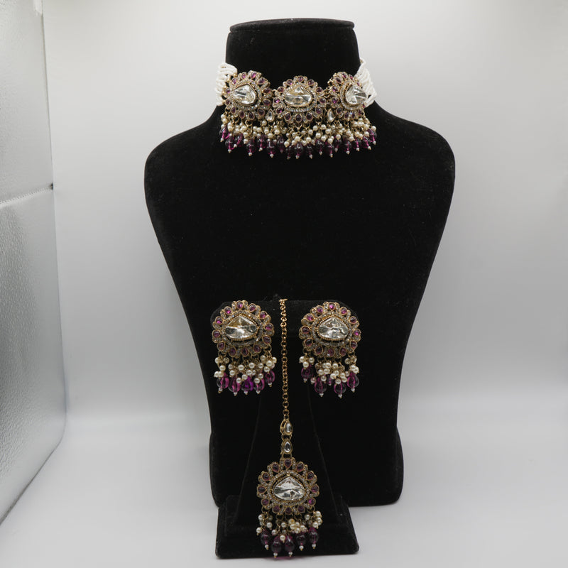 Polki Choker Set -- Baigani Plum