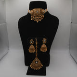 Ananya Kundan Centrepiece Choker Set — gold plated centrepiece pendant choker with clear kundan stones, pearl strand sides and gold bead drops, matching jhumka earrings and large teardrop maang tikka