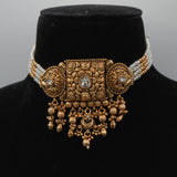 Ananya Kundan Centrepiece Choker Set — gold plated centrepiece pendant choker with clear kundan stones, pearl strand sides and gold bead drops, matching jhumka earrings and large teardrop maang tikka