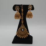 Ananya Kundan Centrepiece Choker Set — gold plated centrepiece pendant choker with clear kundan stones, pearl strand sides and gold bead drops, matching jhumka earrings and large teardrop maang tikka