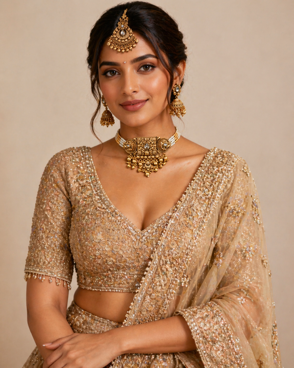 Ananya Kundan Centrepiece Choker Set — gold plated centrepiece pendant choker with clear kundan stones, pearl strand sides and gold bead drops, matching jhumka earrings and large teardrop maang tikka