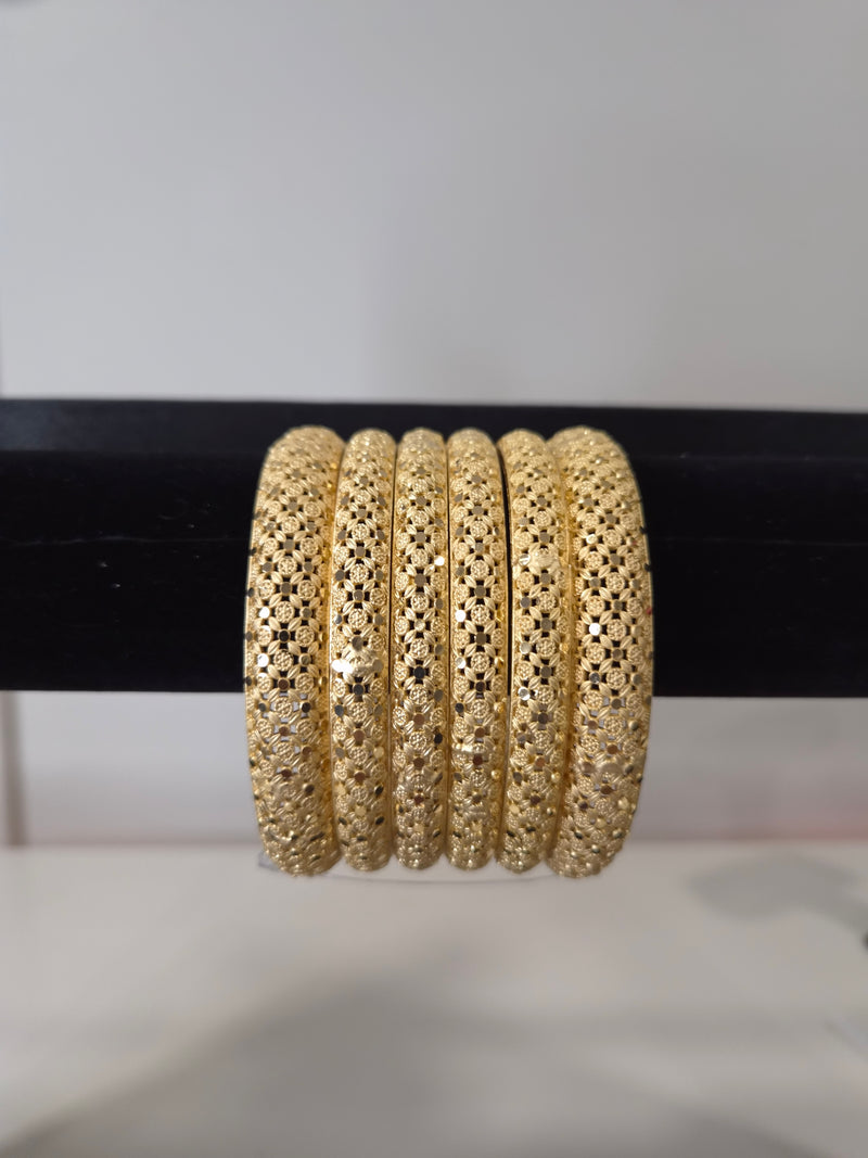 Chamak Honeycomb Dotwork Kada Set — set of 6 gold kada bangles with honeycomb dotwork pattern and diamond-cut faceting